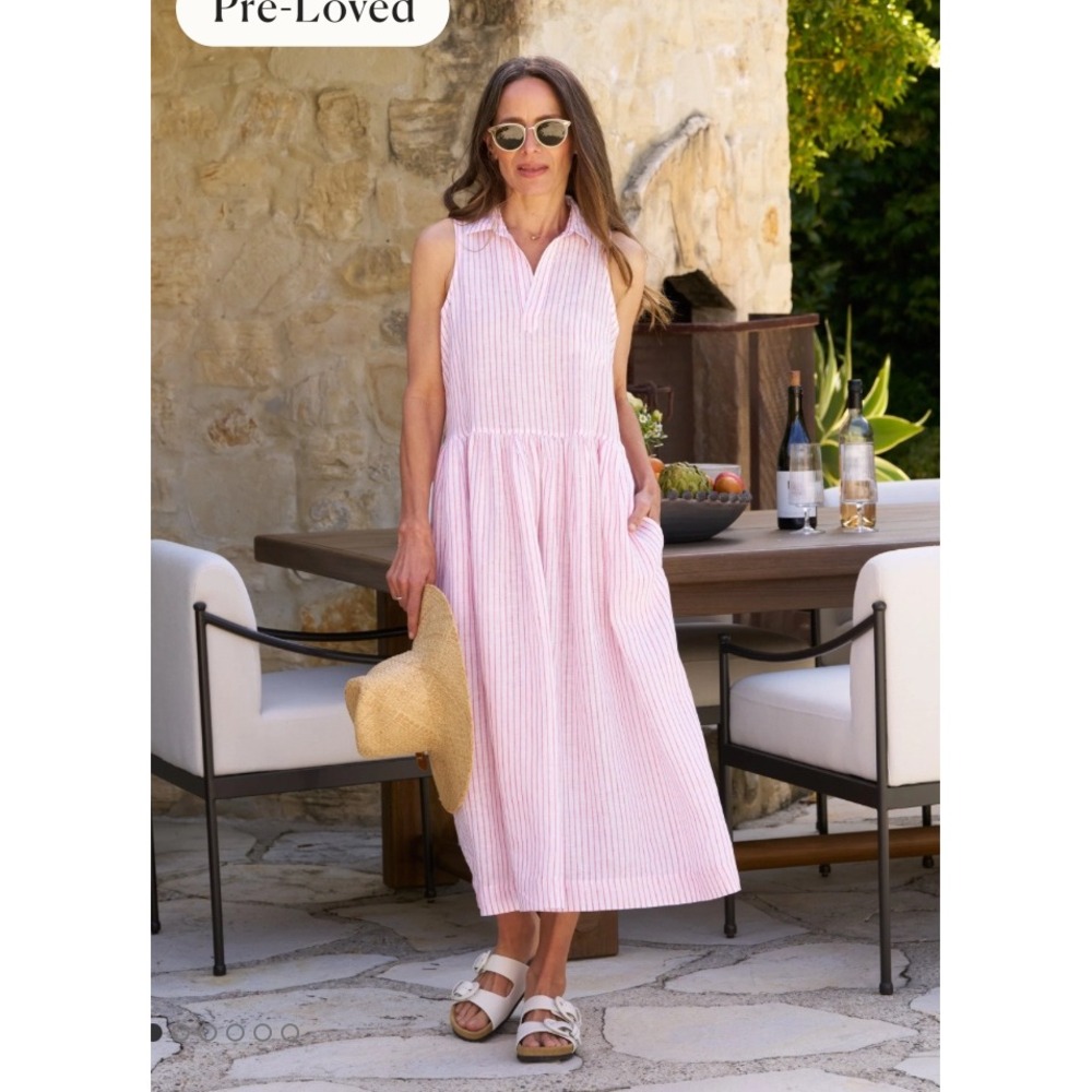 Frank & Eileen DAPHNE Pink Stripe Linen Sleeveless Midi Dress Size M